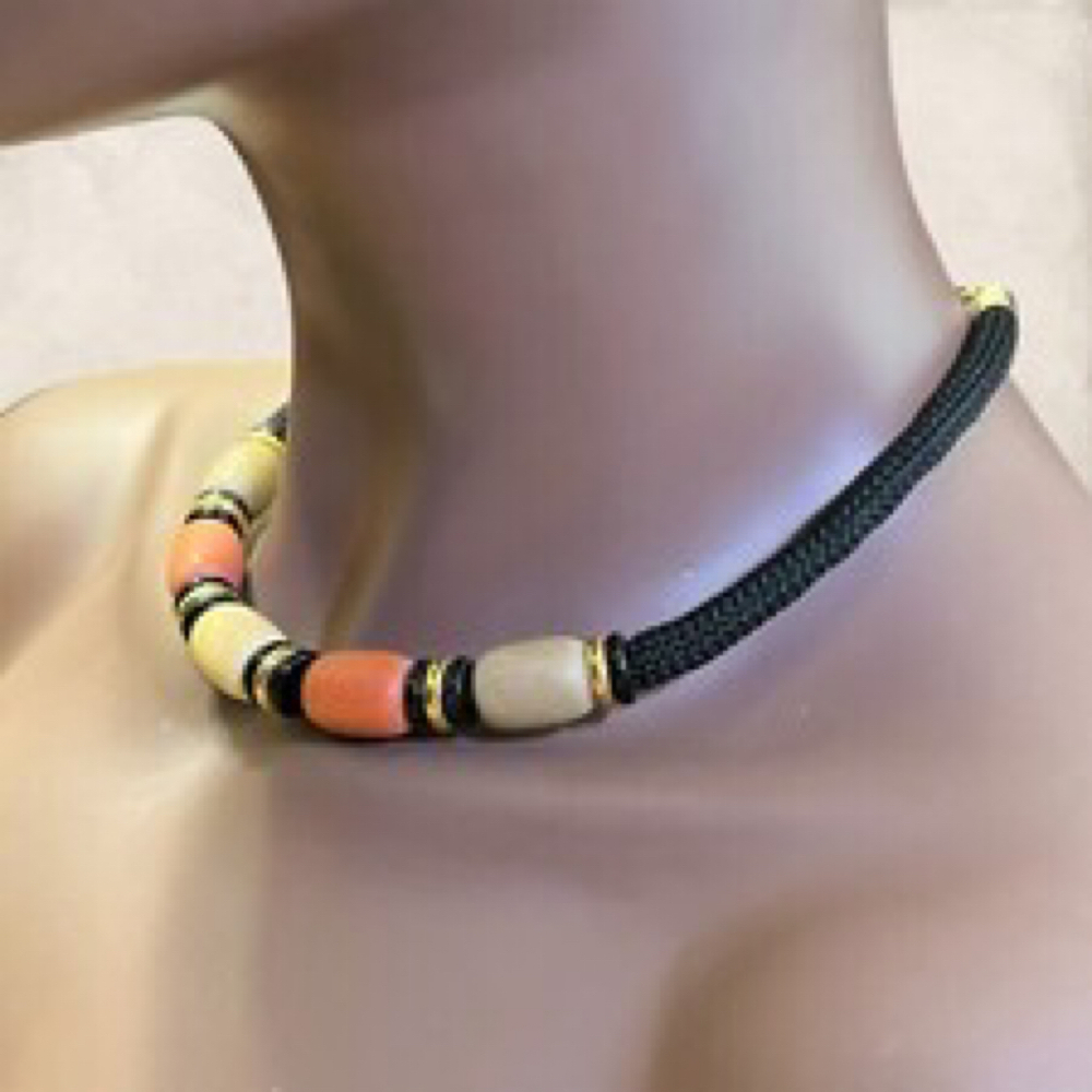 Sarah Coventry Black Cord Choker Necklace Gold Tone Beads Coral‎ Cream